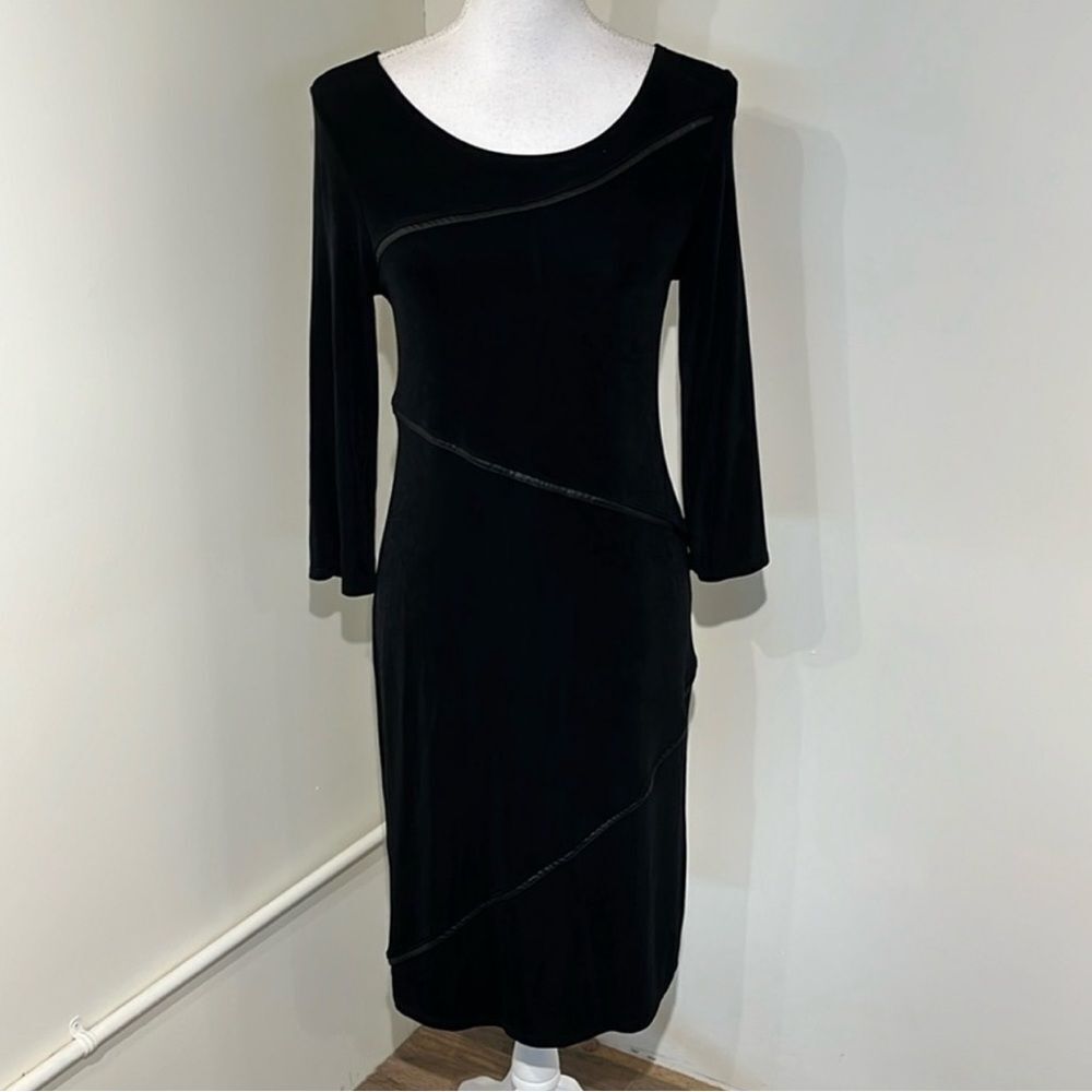 Chico’s 1 M/8 Black Jersey Faux Leather Diagonal Quarter Sleeve Travelers Dress